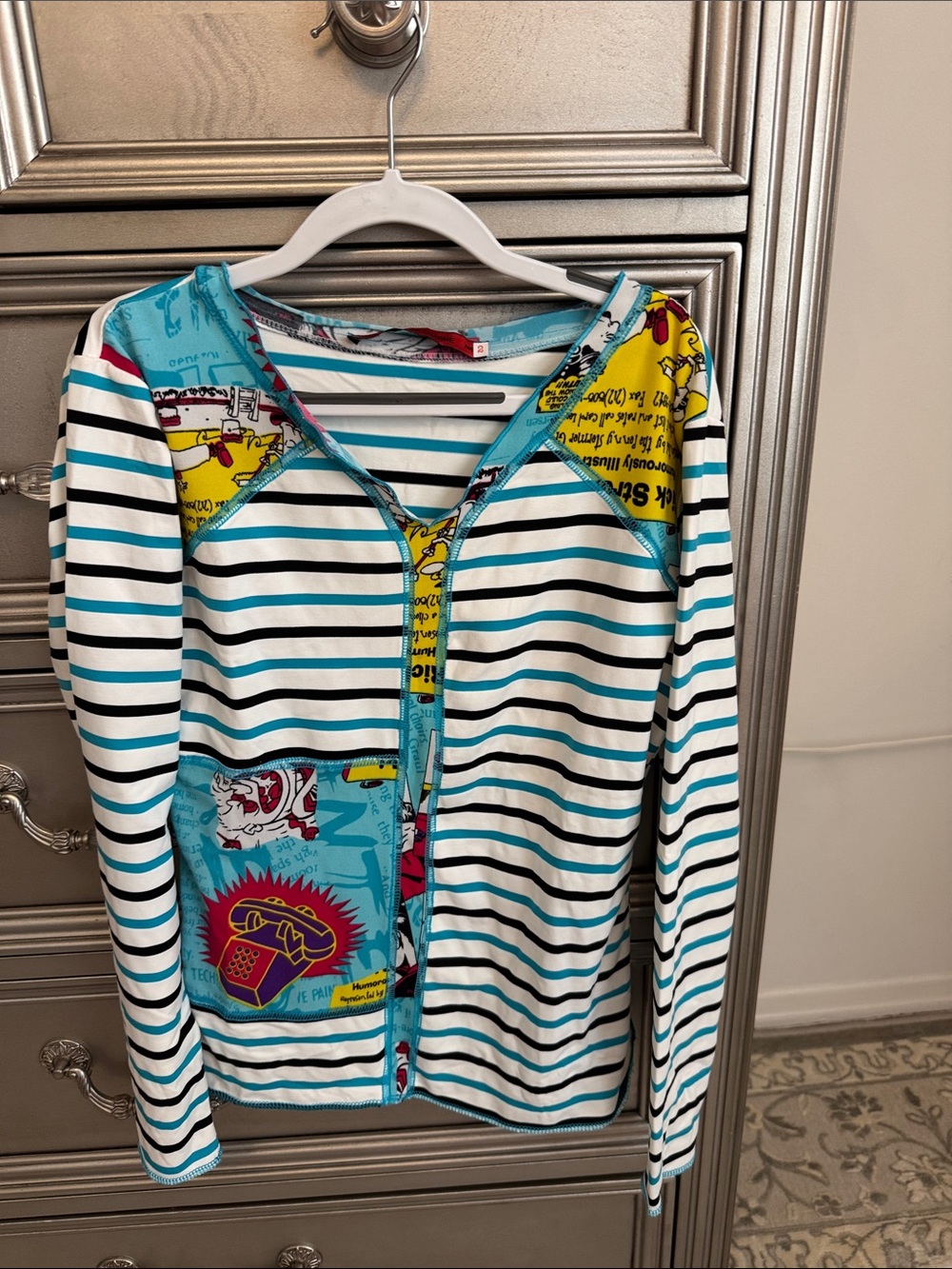 Striped Zip-Front Hoodie with Pop Art Panels in Teal and White